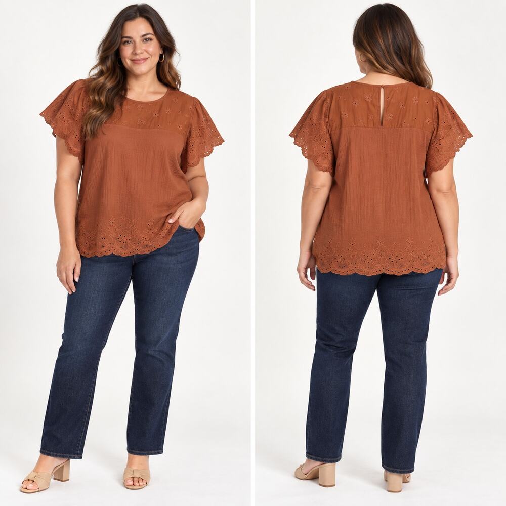 NEW! Lane Bryant Classic Flutter-Sleeve Top 26/28 Rust Embroidered Yoke $59